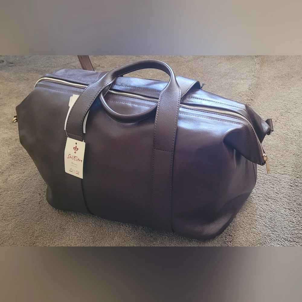 Massi Stil Dark Brown Leather Duffel Bag, Classic Travel Weekender Italian Made.